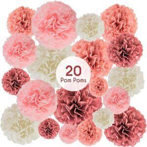 EpiqueOne Tissue Paper Pom Poms 20pc Pink Mauve Cream Bridal Shower Decor